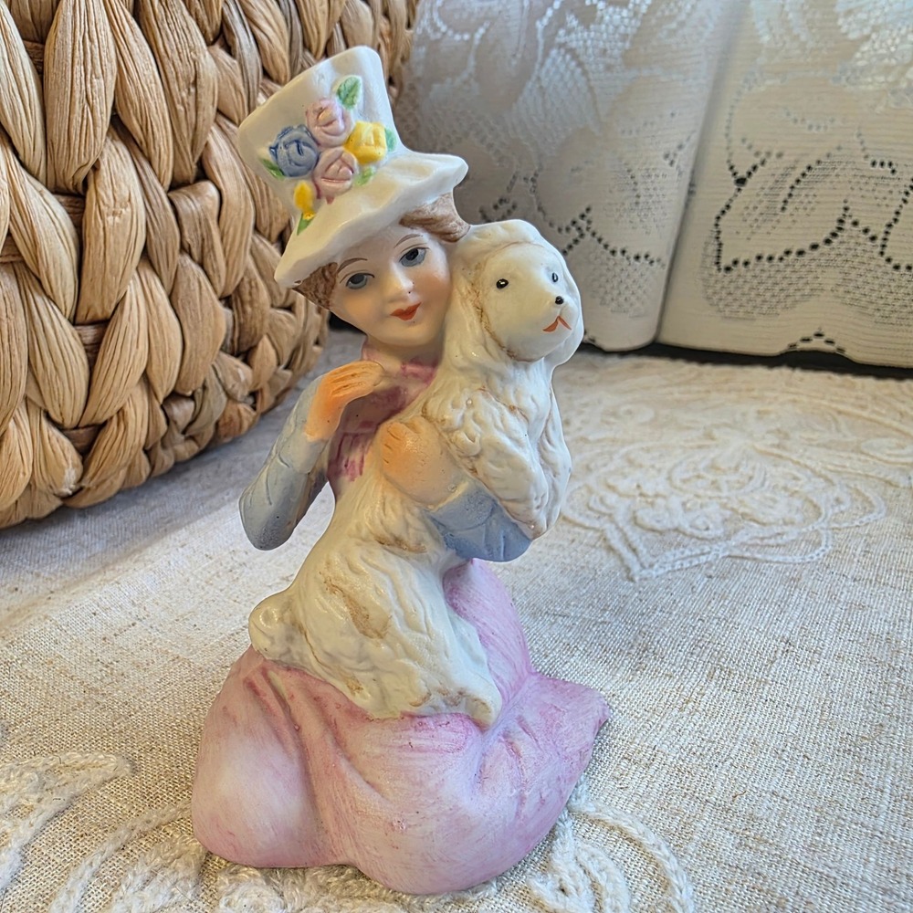 Ardalt Lenwile Figurine‎ 4" Pink Blue Victorian Lady with Lamb Hand Painted